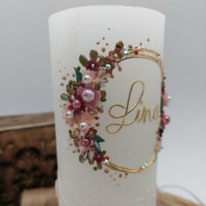 Taufkerze "Flowerloop"zartrosa & grün auf Rustikkerze – Bild 2