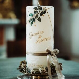 Hochzeitskerze "Symmetry Leaves" gold & grün 30 cm