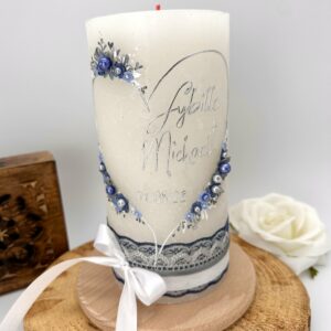 Hochzeitskerze "Flowerheart" silber & blau