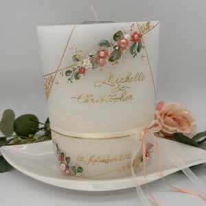Hochzeitskerze "Symmetry Leaves" apricot & grün
