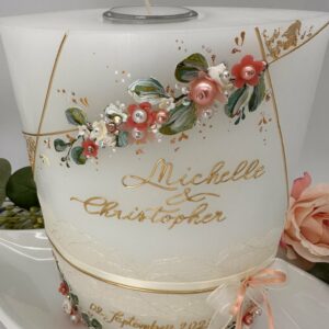 Hochzeitskerze "Symmetry Leaves" apricot & grün – Bild 8