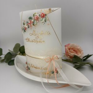 Hochzeitskerze "Symmetry Leaves" apricot & grün – Bild 6