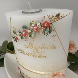 Hochzeitskerze "Symmetry Leaves" apricot & grün – Bild 5