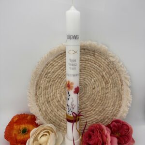 Tauf- oder Kommunionskerze "Flowers" pink & gelb
