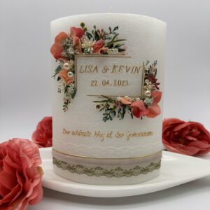 Hochzeitskerze "Flowerframe" apricot & creme