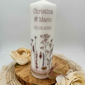 Hochzeitskerze "Wildflowers" veredelt mit Bändern