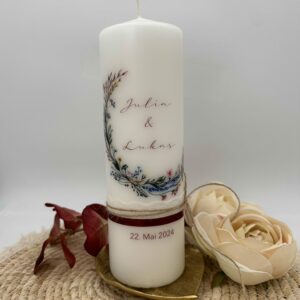Hochzeitskerze "Wiesenblumenkranz" dunkelrot