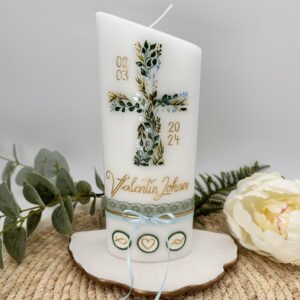 Taufkerze "Blätterkreuz" olive & blau