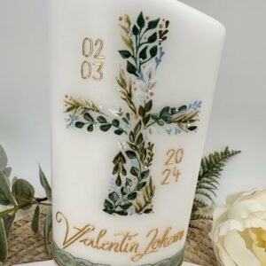 Taufkerze "Blätterkreuz" olive & blau – Bild 3