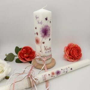Tauf- oder Kommunionskerze "Pusteblumen" pink & lila – Bild 3