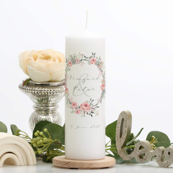 Hochzeitskerze "Blumenkranz" rosa & grün