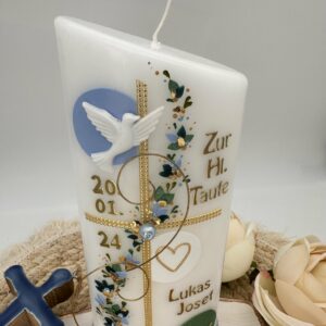 Taufkerze "Blätterranke" grün & blau – Bild 3