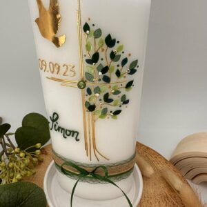 Taufkerze "Lebensbaum" mit Kreuz und Taube