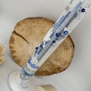 Kommunionskerze "Blütenranke" blau & silber – Bild 2