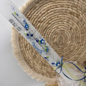 Kommunionskerze "Blütenranke" mit Kreuz grün & blau