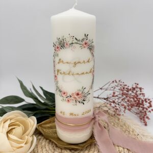 Hochzeitskerze "Blumenkranz" rosa & grün veredelt mit Wachs – Bild 2