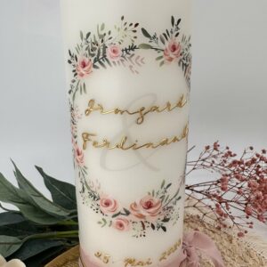 Hochzeitskerze "Blumenkranz" rosa & grün veredelt mit Wachs – Bild 3
