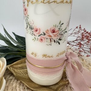 Hochzeitskerze "Blumenkranz" rosa & grün veredelt mit Wachs – Bild 4