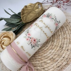 Hochzeitskerze "Blumenkranz" rosa & grün veredelt mit Wachs