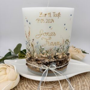 Taufkerze "Blumenwiese" mit Holzelement