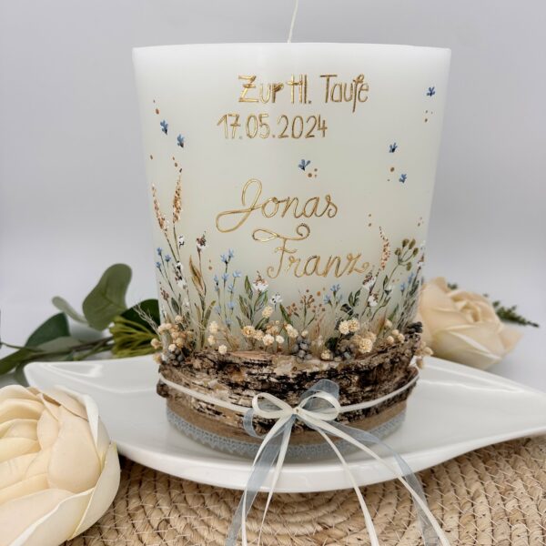 Taufkerze "Blumenwiese" mit Holzelement