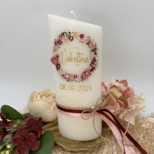 Taufkerze "Blütenkranz" rosa & brombeer