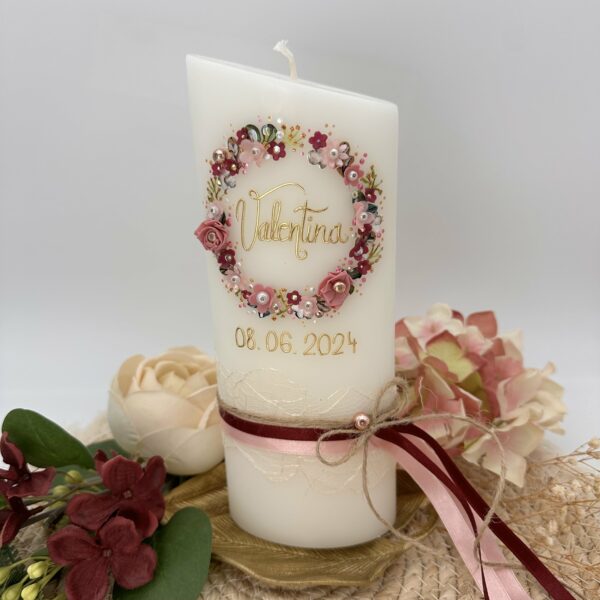 Taufkerze "Blütenkranz" rosa & brombeer