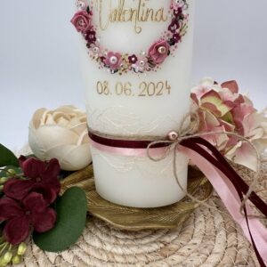 Taufkerze "Blütenkranz" rosa & brombeer – Bild 3