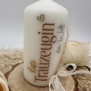 Geschenkskerze "beste Trauzeugin" mit Wachs und Trockenblumen
