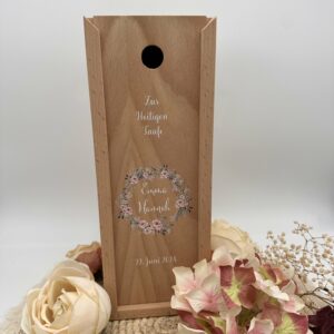 Kerzenverpackung "Holzbox Blütenkranz" rosa & grün