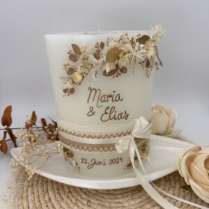 Hochzeitskerze "Boho" Naturtöne mit Trockenblumen