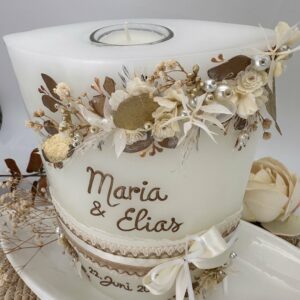 Hochzeitskerze "Boho" Naturtöne mit Trockenblumen – Bild 2