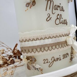 Hochzeitskerze "Boho" Naturtöne mit Trockenblumen – Bild 4
