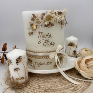 Hochzeitskerze "Boho" Naturtöne mit Trockenblumen – Bild 6