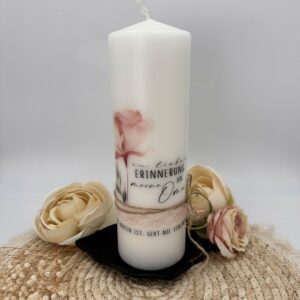 Trauerkerze "Flower" mit Spruch und Spitze