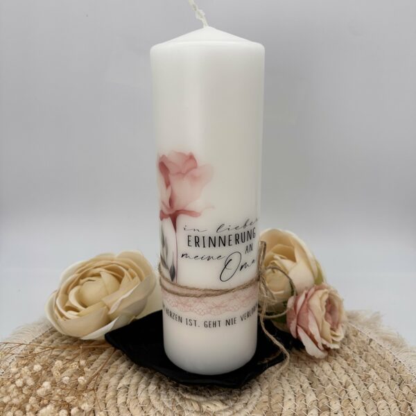 Trauerkerze "Flower" mit Spruch und Spitze