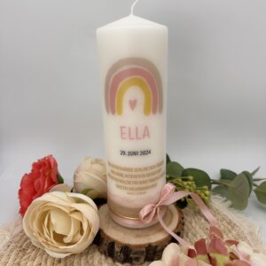 Taufkerze "Rainbow" rosa & gold mit Spitze