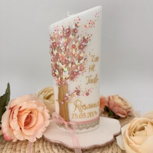 Taufkerze "Lebensbaum" rosa & creme