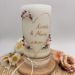 Hochzeitskerze "Flowerheart" altrosa & weiß