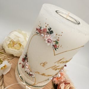 Hochzeitskerze "Flowerheart" altrosa & weiß – Bild 6