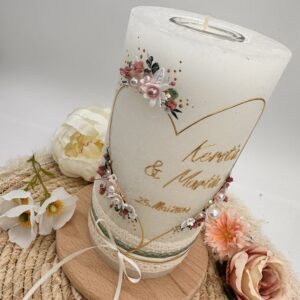 Hochzeitskerze "Flowerheart" altrosa & weiß – Bild 2