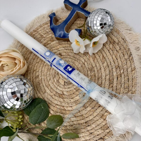 Kommunionskerze "Symbole" blau & silber