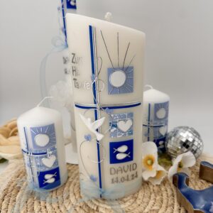 Taufkerze "Symbole" blau & silber