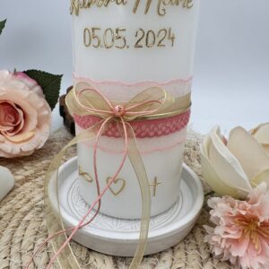 Taufkerze "Rainbow" rosa & apricot – Bild 3