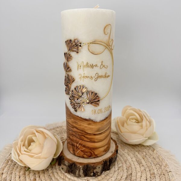 Hochzeitskerze "Ginko" kupfer & gold