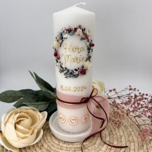 Taufkerze "Blütenzauber" altrosa & brombeer – Bild 5