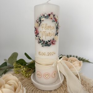 Taufkerze "Blütenzauber" creme & zartrosa