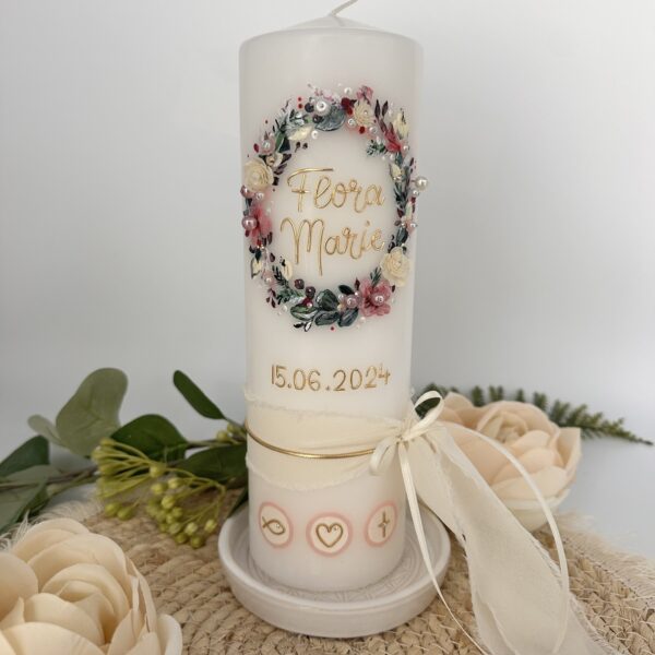 Taufkerze "Blütenzauber" creme & zartrosa