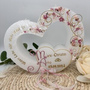 Hochzeitskerze "Doppelherz" zartrosa & gold