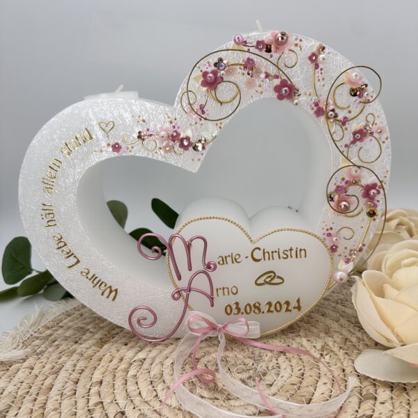 Hochzeitskerze "Doppelherz" zartrosa & gold